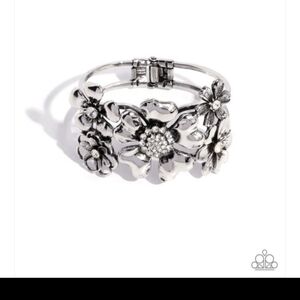 Bursting Bouquet Silver Flower Hinge Cuff Bracelet Paparazzi Silver Floral